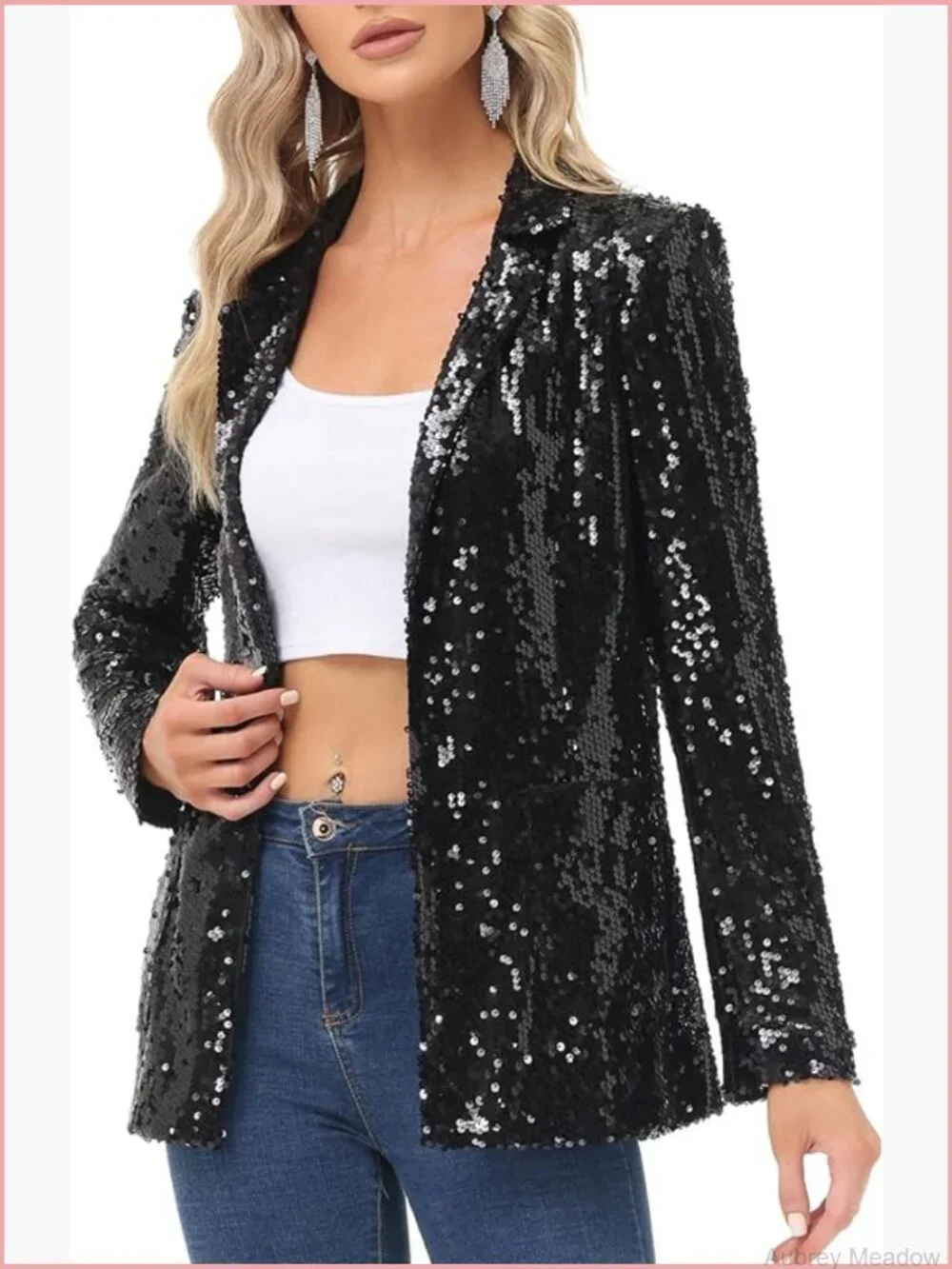 Sequin Open Front Blazer Jacket Long Sleeve Sparkly Cardigan Coat with Pockets